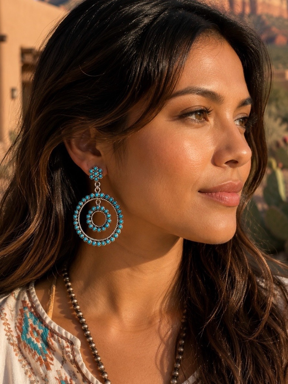 Zuni Native American Sterling Silver Blue Turquoise Petit Point Dangle Earrings